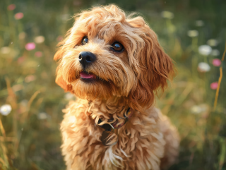 Cavapoo sitting on a cozy blanket